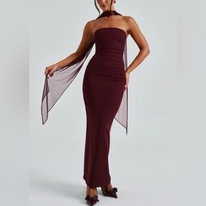 Strapless Burgundy Formal Gown with Sheer Draped Sash